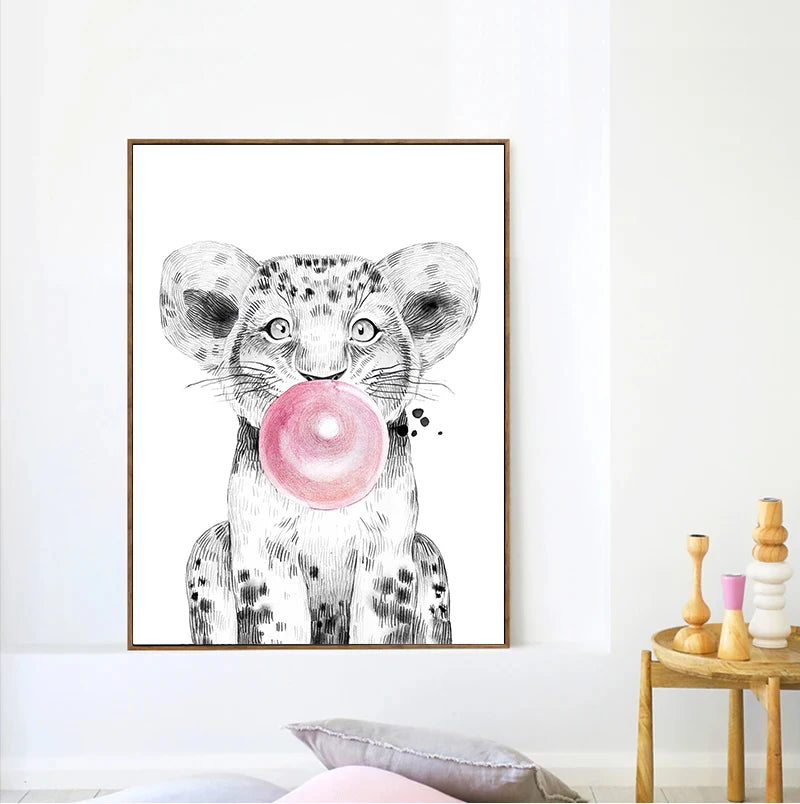 Tableau affiche animaux de safari girafe zèbre ballon rose décoration murale