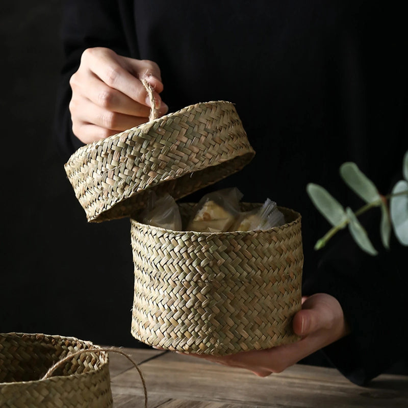 panier de rangement en rotin tissé fait main avec couvercle