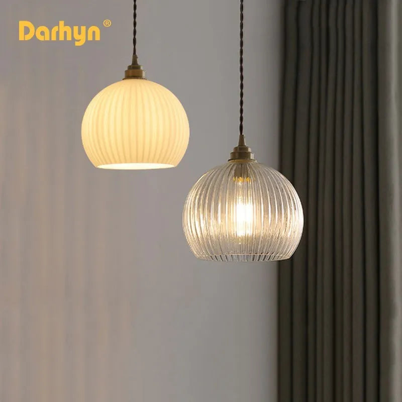 Nordique LED verre suspension lait blanc rayé boule suspendus lumières rétro cuivre salon décor luminaire chambre LED Luminai