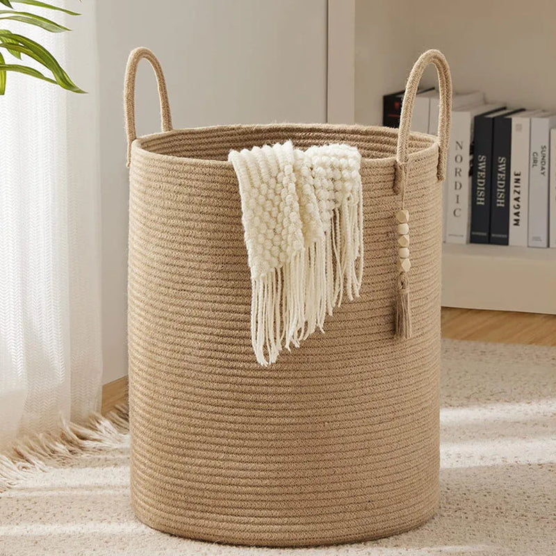 grand panier de rangement tissé avec poignées pliable pour jouets et linge