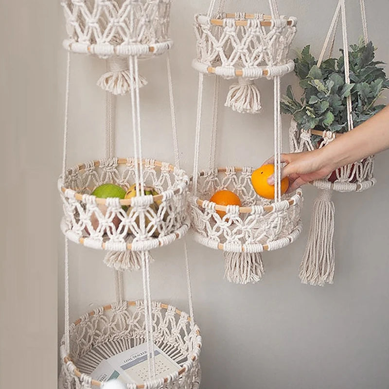 panier suspendu en macramé pour plantes et fruits décoratif