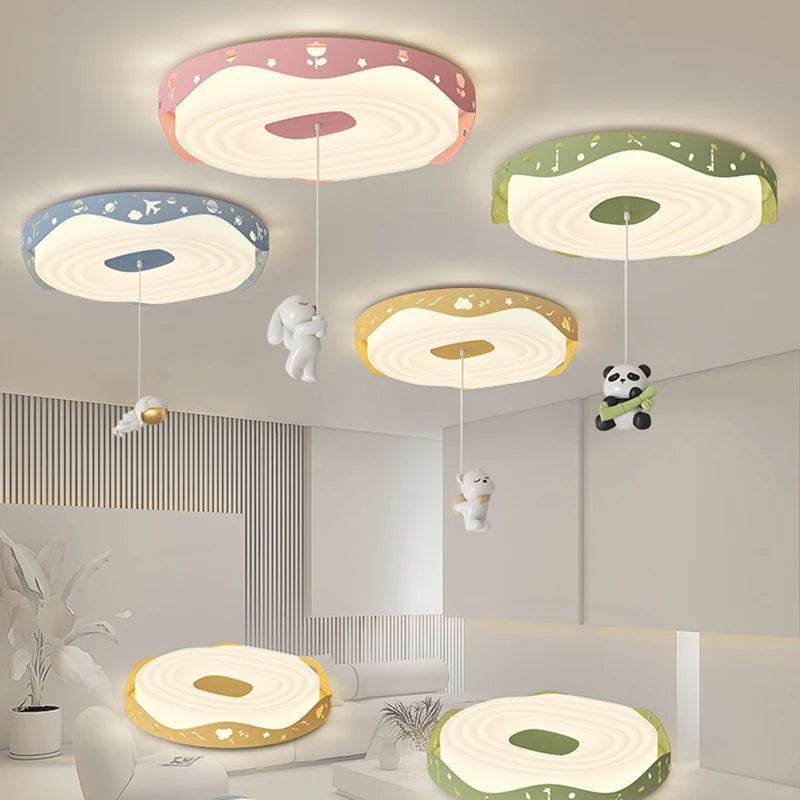 Nordic Kids Bedroom Pendant Lamps Pink Green Yellow Blue Rabbit Panda Bear Astronaut Children's Room Ceiling Light Round Shape