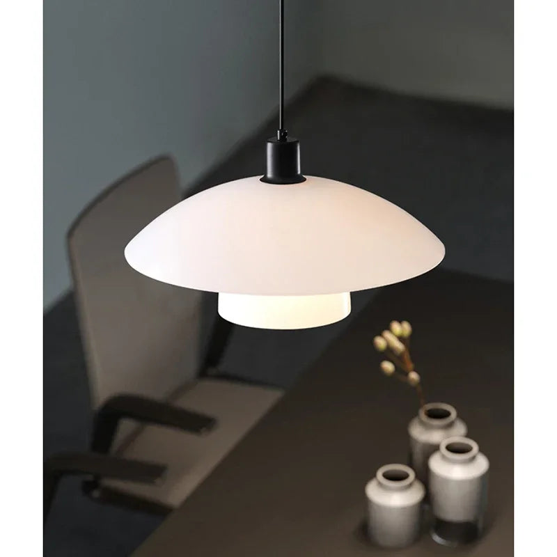 Lamp Glass Pendant Light,with Handblown White Art Glass Shade Adjustable Cord Black Finish Modern Hanging Pendant Light For Kitc