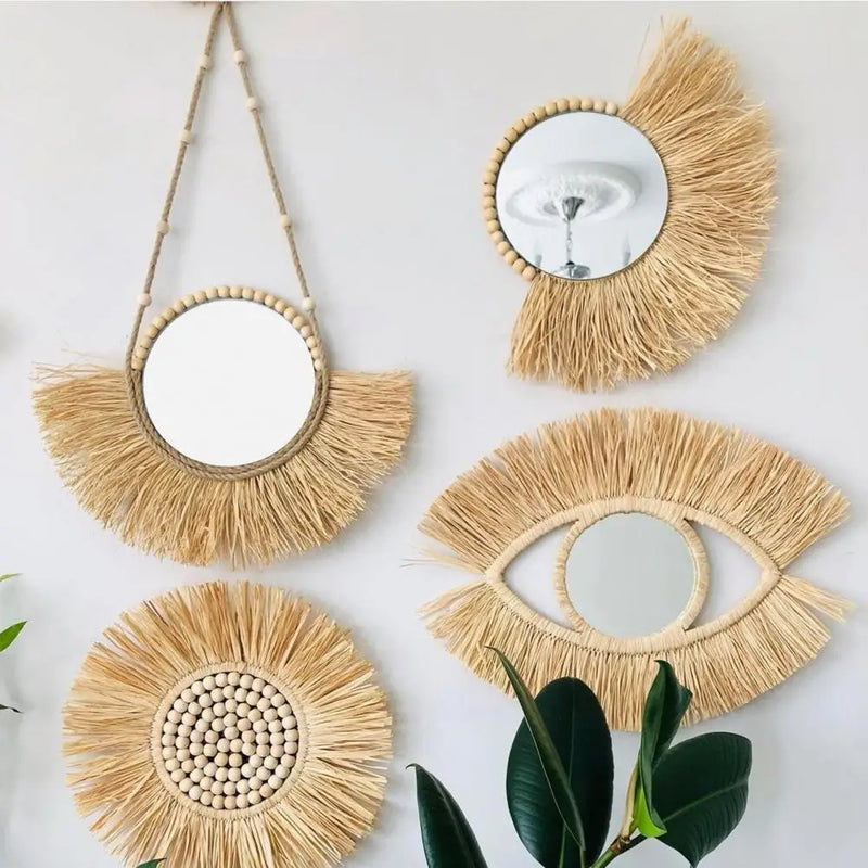 miroir suspendu en raphia et perles en bois décoratif multifonctions