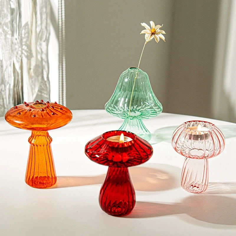 bougeoir champignon en verre pour décoration de table et vase