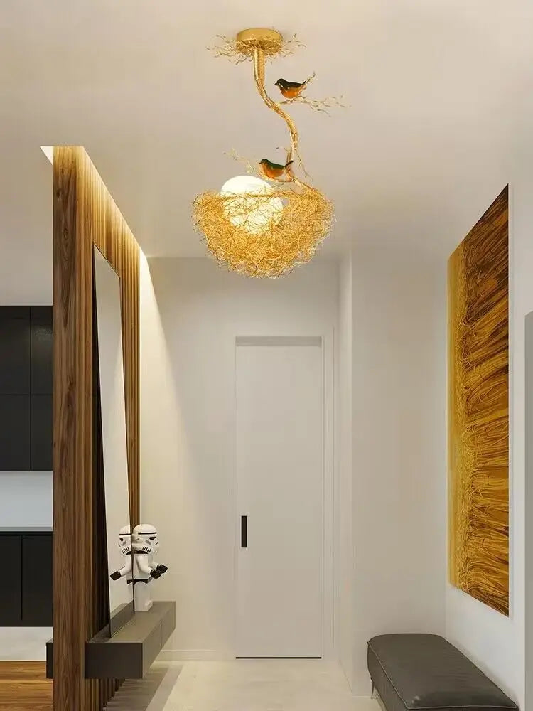 lustre led moderne en forme de nid d'oiseau avec boule de verre