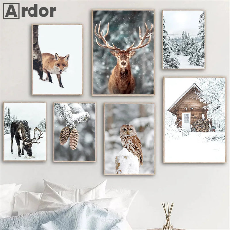 toile décoration murale hiver renard hibou cerf forêt neige