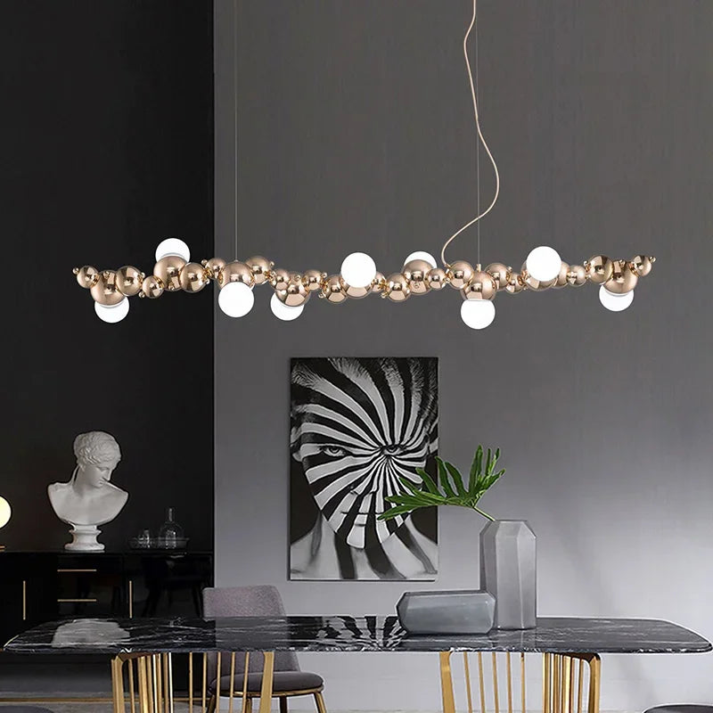 2024Modern Creative Long Bar Chandelier Caterpillar Shaped Metal ball Pendants Lamp Dining Room for Kitchen Hanging Light Lustre