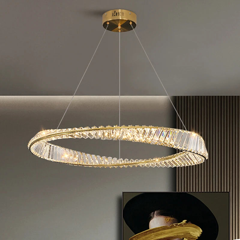 Crystal LED Chandelier for Living Room Kitchen Bedroom Ceiling Pendant Lamp, Gold Modern Remote Control Hanging Light