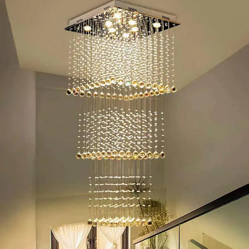 Duplex building, living room, large chandelier, square hotel villa, modern crystal hollow staircase, long chandelier