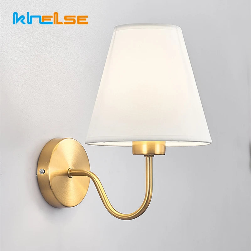 5/12W American Fabric Wall Lamp Modern Gold LED E27 Bulb Cloth Lampshade Wall Light for Hotel Bedroom Bedside Decoration Sconces