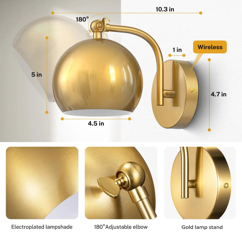 Gold Wall Sconces Battery Operated, Not Hardwired Dimmable, Battery Wall Sconce Wireless Wall Lamp for Bedroom, Bulb Included