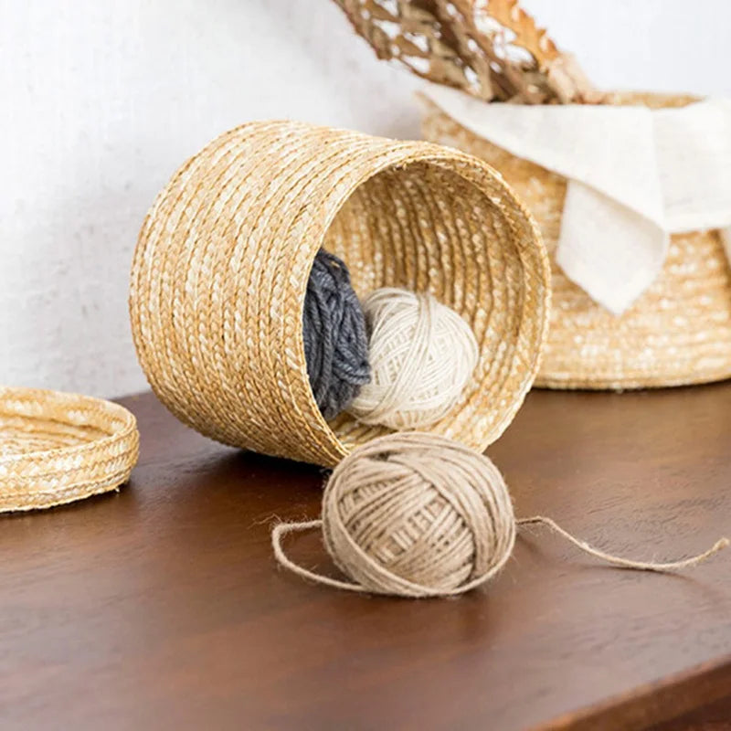 panier de rangement rond en paille tissée avec couvercle polyvalent