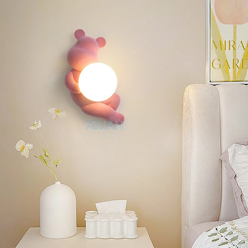 Chrome White Pink Bear Lights Art Design Bedroom Bedside Wall Lamps Resin Animal Glass Sconces Living Room Decorative Wall Light