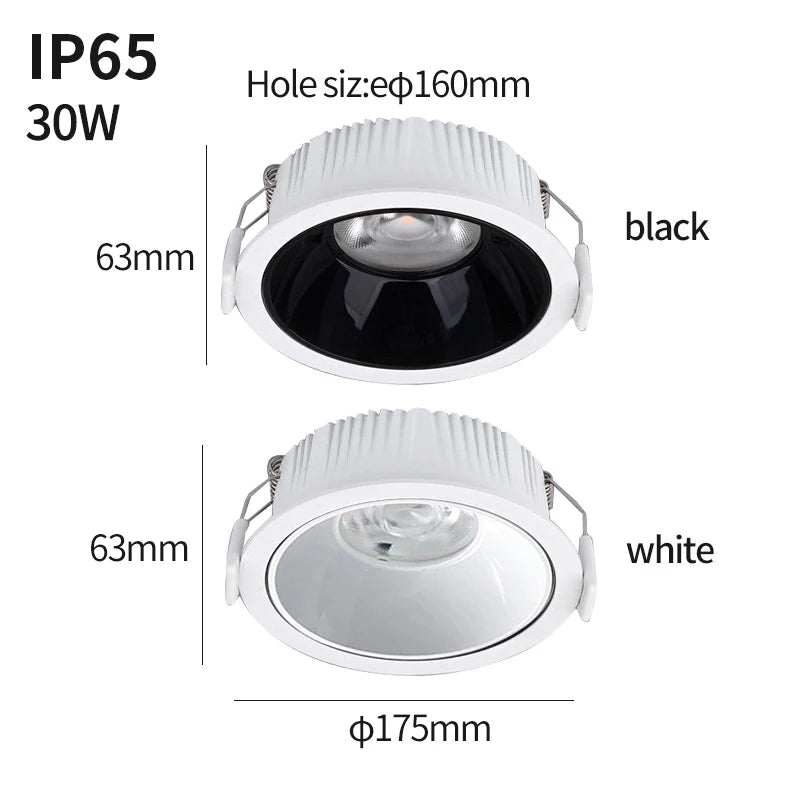 Downlight impermeável IP65LED, umidade e névoa, cozinha banheiro e vaso sanitário holofotes, beirais ao ar livre, AC 220V, 30W,