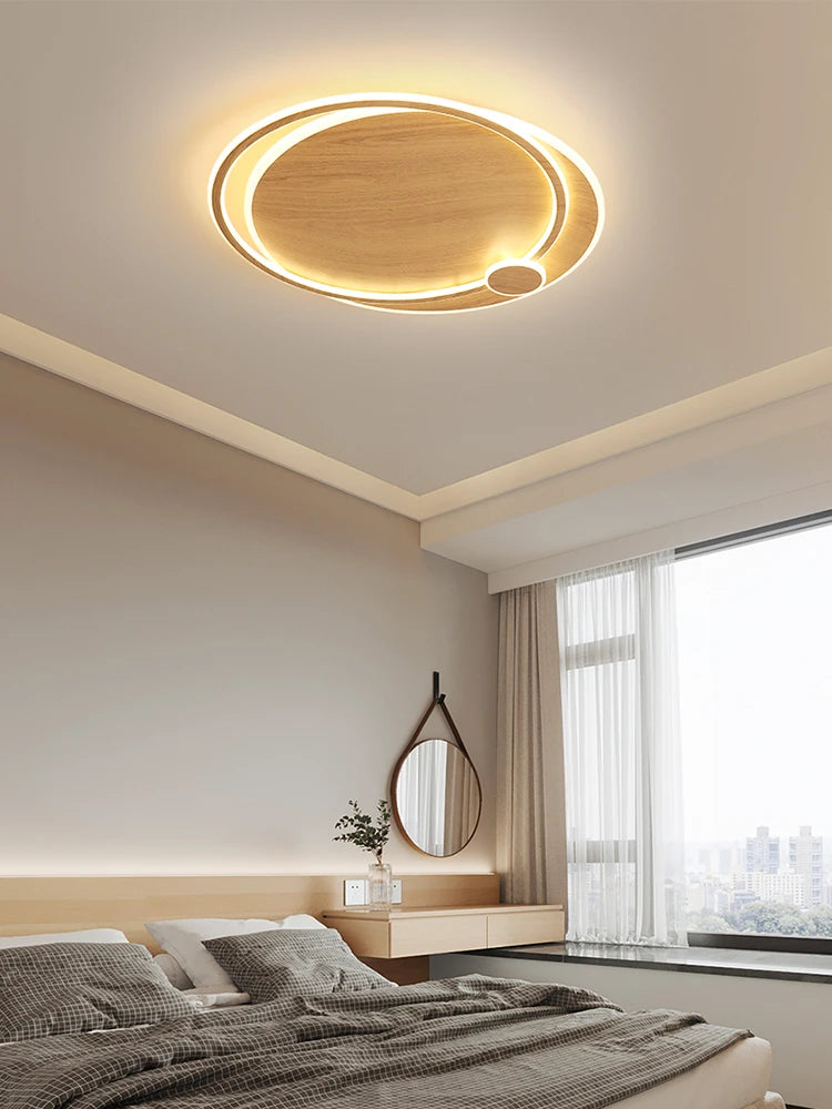 lustre moderne en bois avec éclairage intelligent circulaire