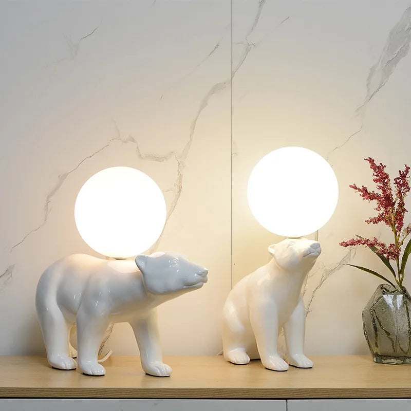 Nordic Design Resin Bear Table Lamp Led Desk Light with Glass Ball for Bedroom