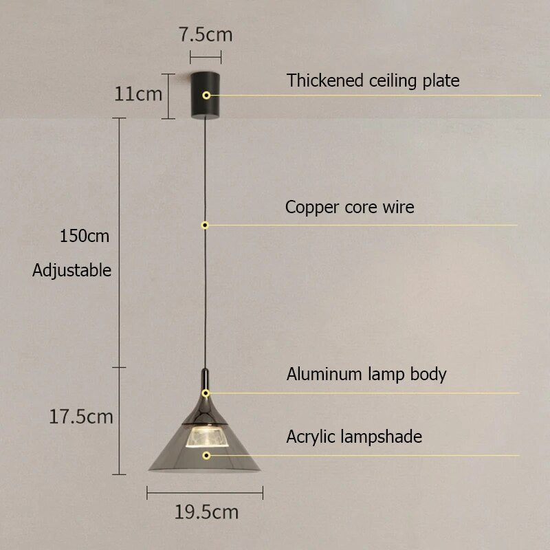 Suspension conique design en verre à LED