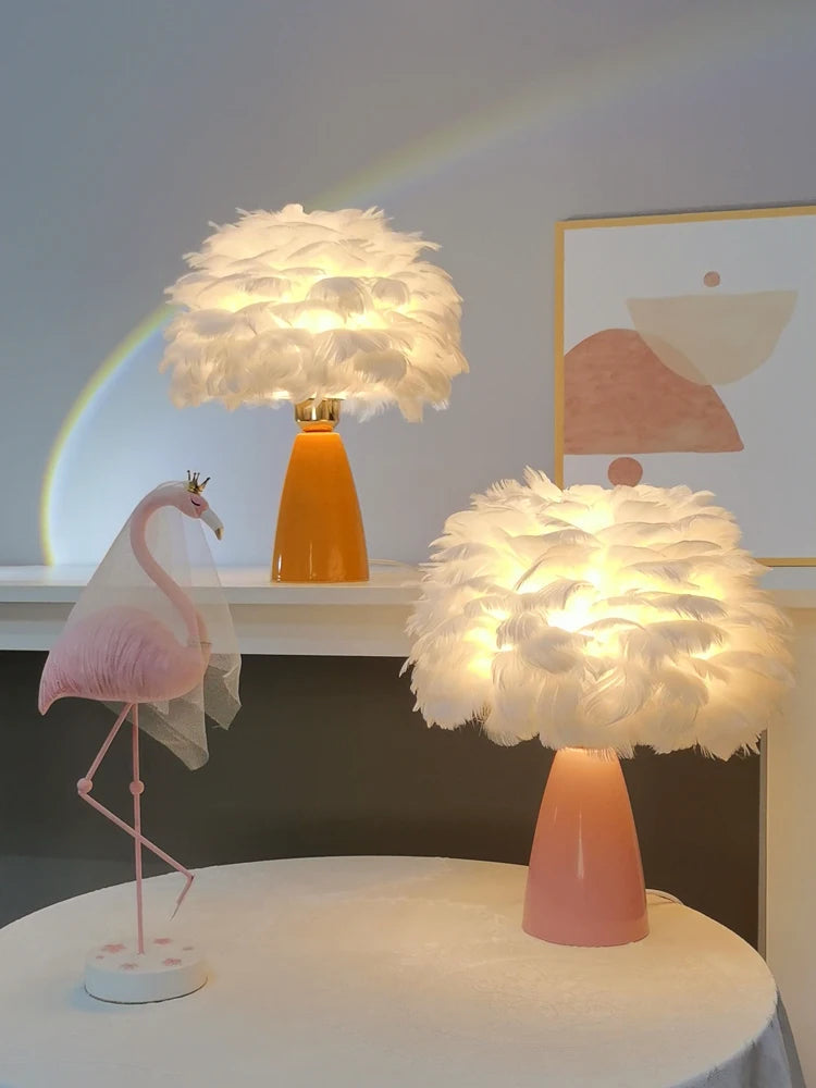 Creative Nordic desk lamp, warm bedroom feather lamp, fashionable and simple study ceramic decorative lamp