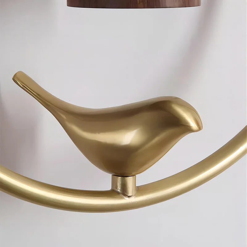 Walnut Wood Circle Brass bird, Wabi-sabi Modern style, Wall Sconce light for Bedroom, Bedside, Living, Recreation, Study