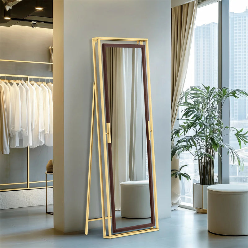 miroir sur pied décoratif avec cadre en métal doré