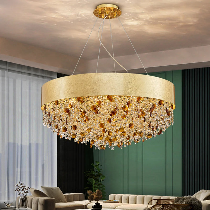 2024 Modern crystal chandelier for living room home decor hanging cristal lamp round gold led light fixture with dimmable