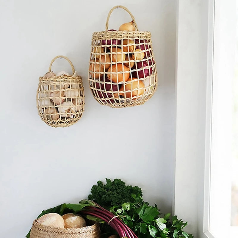 panier mural suspendu boho en osier pour fruits et légumes