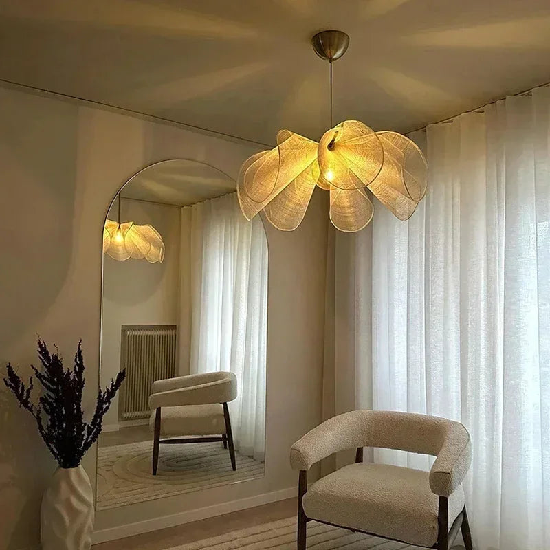 Wabi Sabi Fabric Pendant Light Flower Chandelier Suspension Hanging Light for Living Dining Room