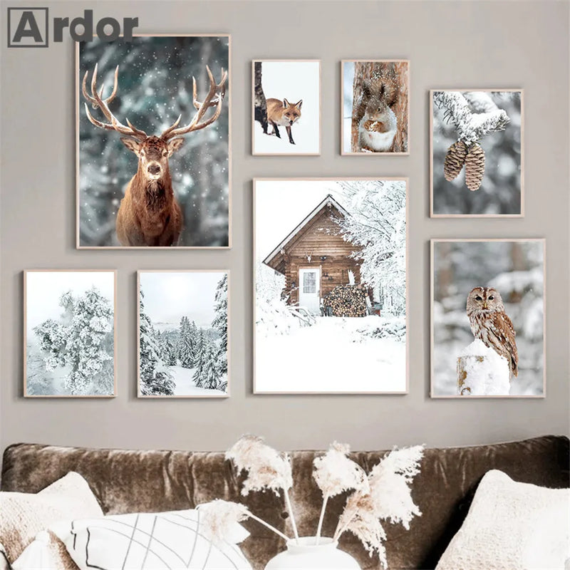 toile décoration murale hiver renard hibou cerf forêt neige