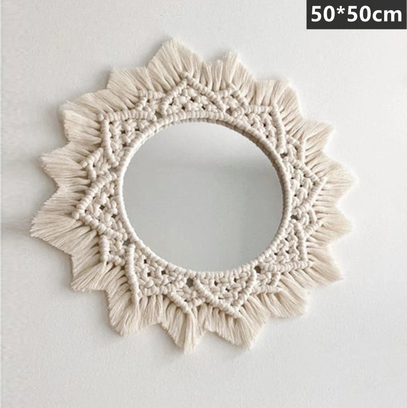 miroir rond en macramé style bohème pour décoration murale