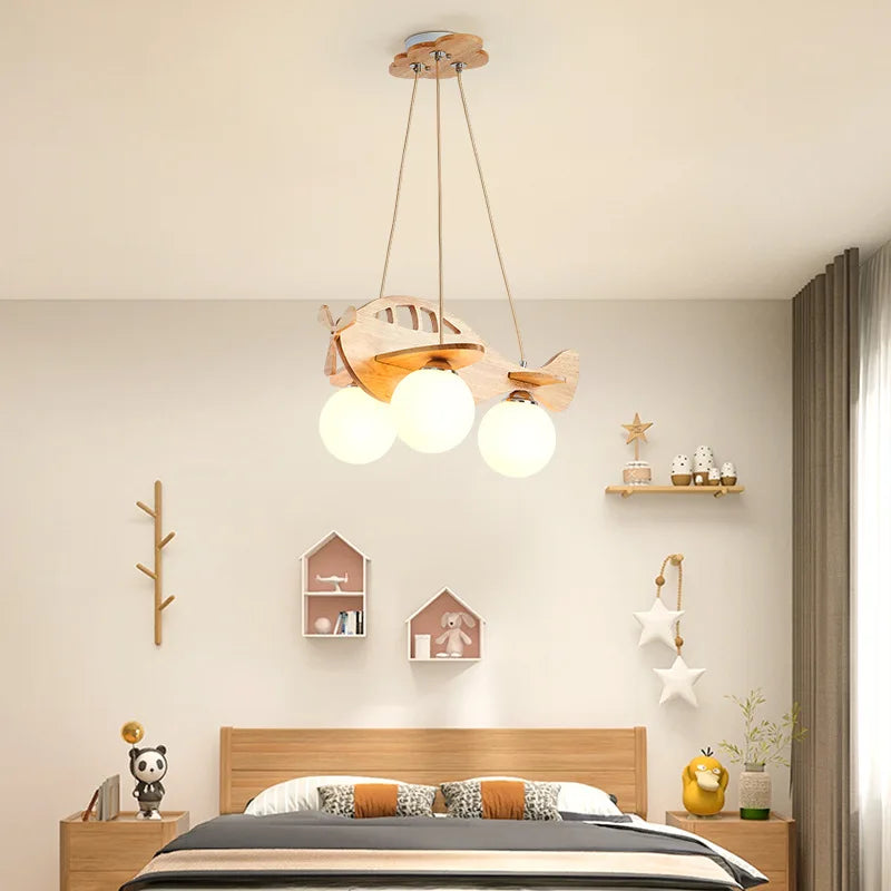 lustre avion en bois led pour chambre d'enfant moderne