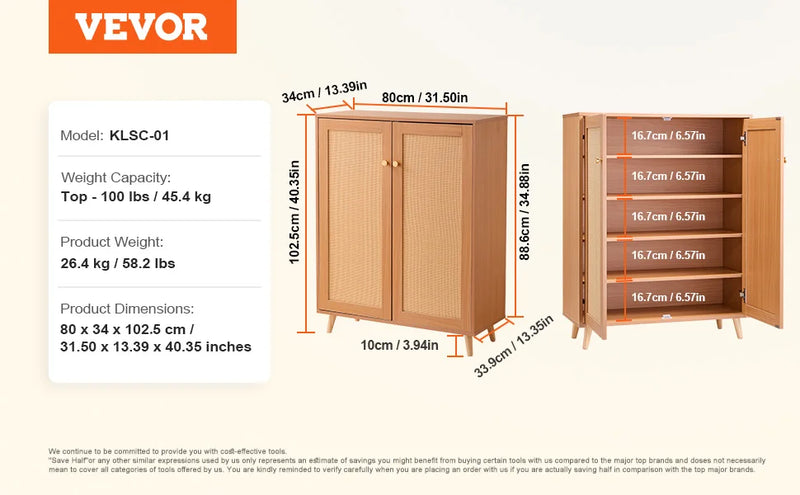 armoire de rangement à chaussures rotin 5 niveaux avec portes