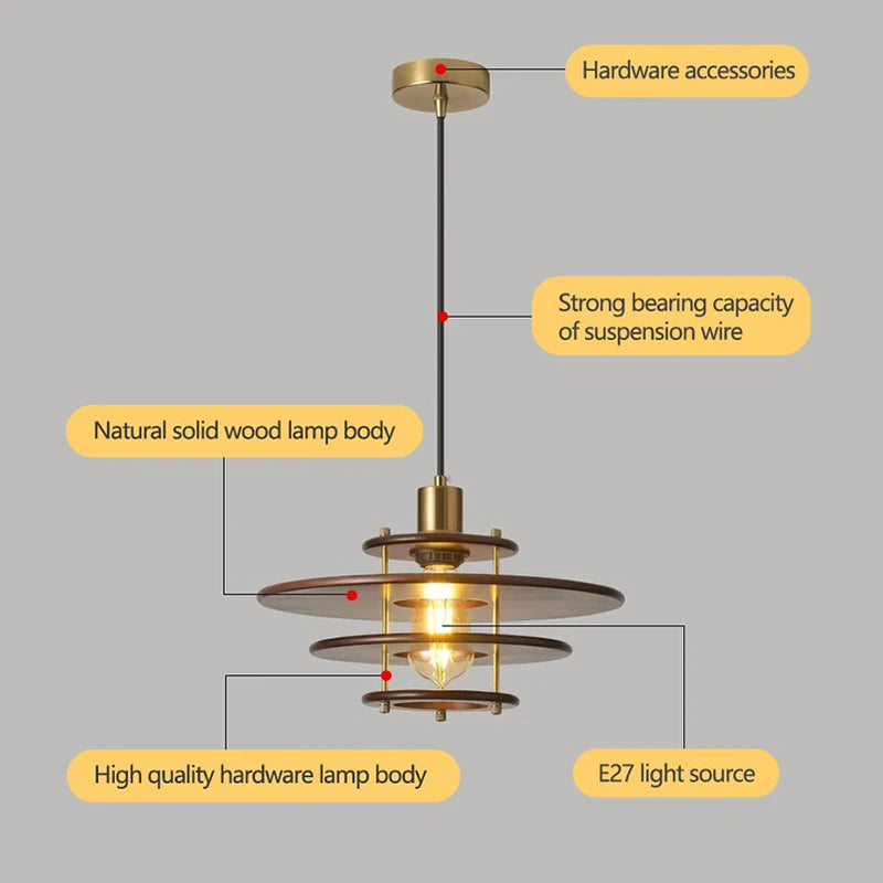 lustre en bois massif soucoupe volante design rétro pour bar et restaurant