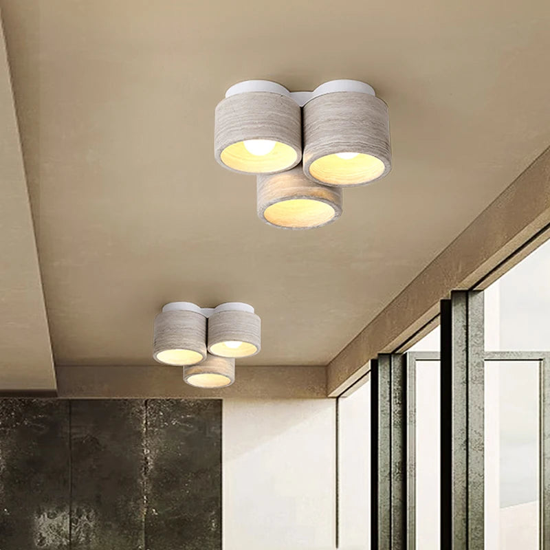 plafonnier led moderne wabi sabi en grain de bois à 3 têtes