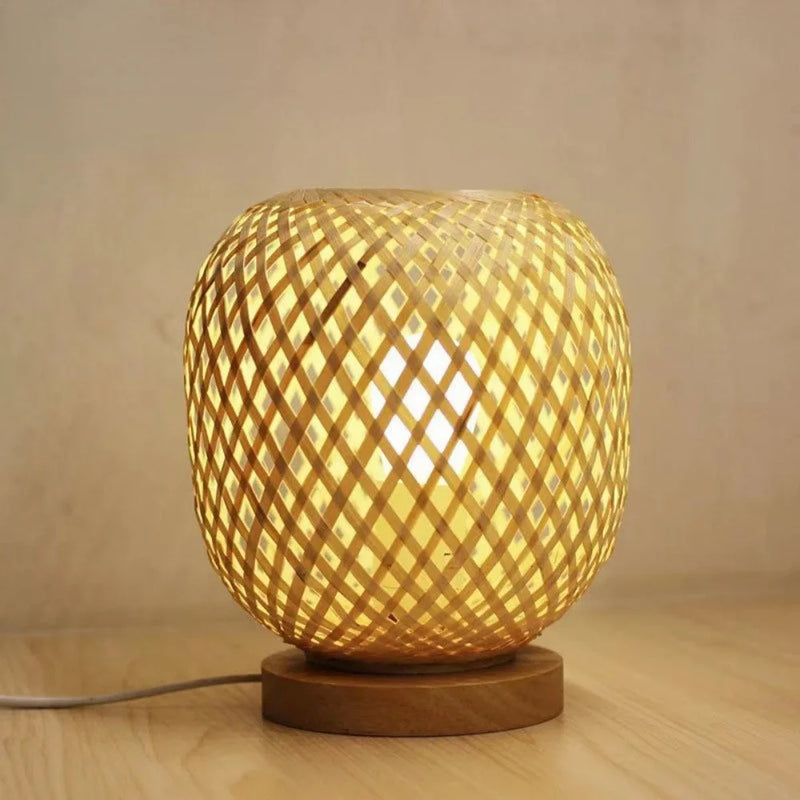 Bamboo Weaving Table Lamp with Handmade Natural Wooden Base, Retro Desk Lamp Reading Light Home Decor  Table Lamp