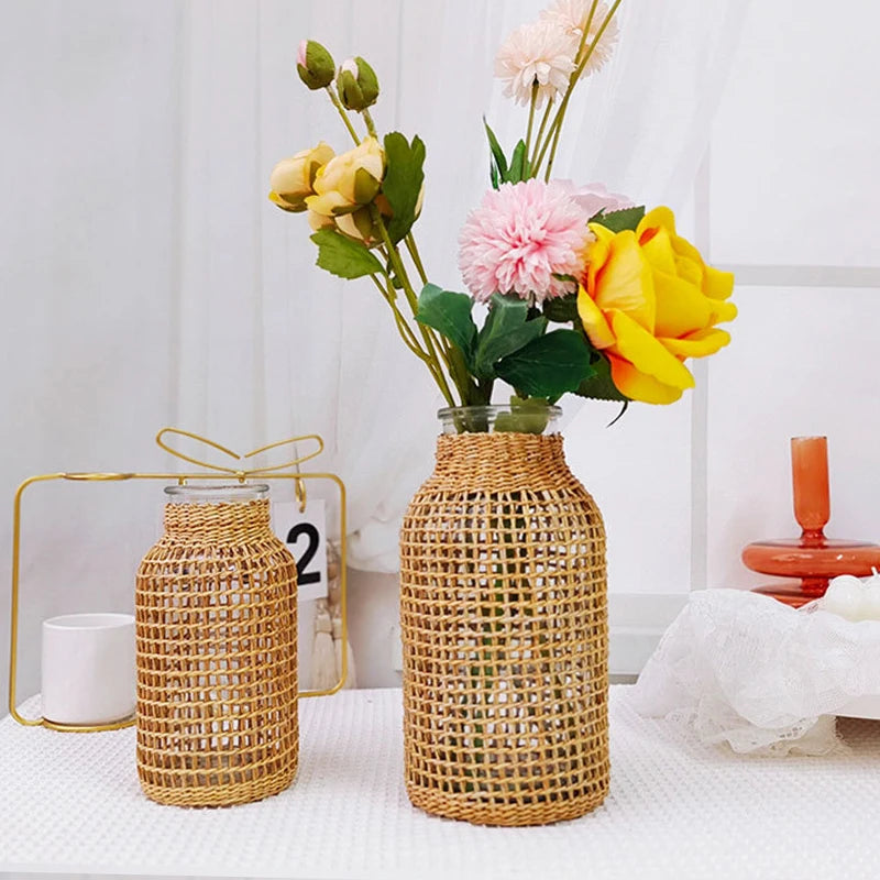 vase en rotin tissé pour fleurs séchées décoration rétro