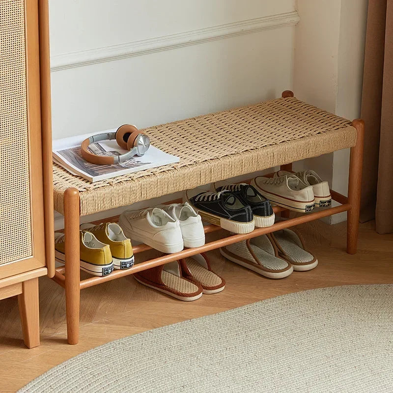 tabouret à chaussures en bois massif tressé en rotin style rétro moderne