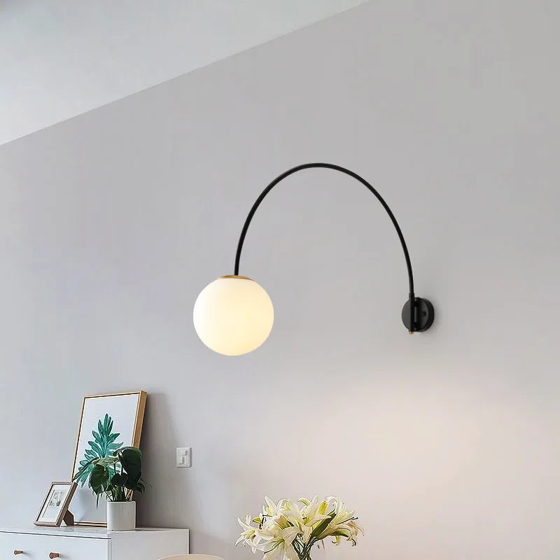 Minimalist Long Pole Fishing Wall Lamp Rotate Swing Arm White Glass Ball Wall Light for Living Room Bedroom Dining Table Indoor