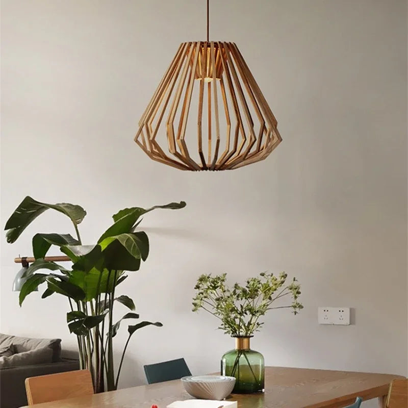 Nordic Wooden Cage Chandelier For Living Room Dining Study Modern Solid Wood Art Led Lamp Indoor Lighting Home Decor