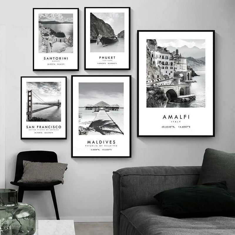 affiche photographique de voyage en ville noir et blanc décor mural