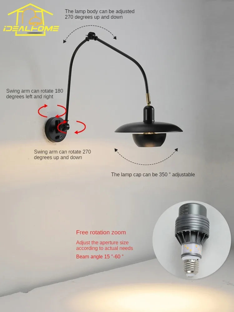 applique murale industrielle à bras pivotant réglable pour éclairage intérieur