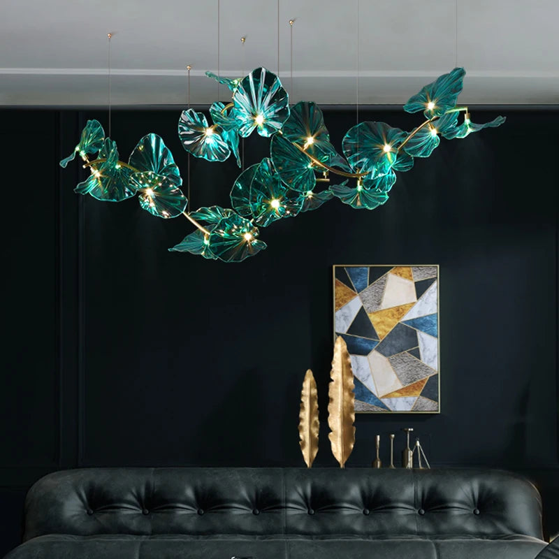 lustre artistique avec feuilles de verre suspendu led pour hôtel