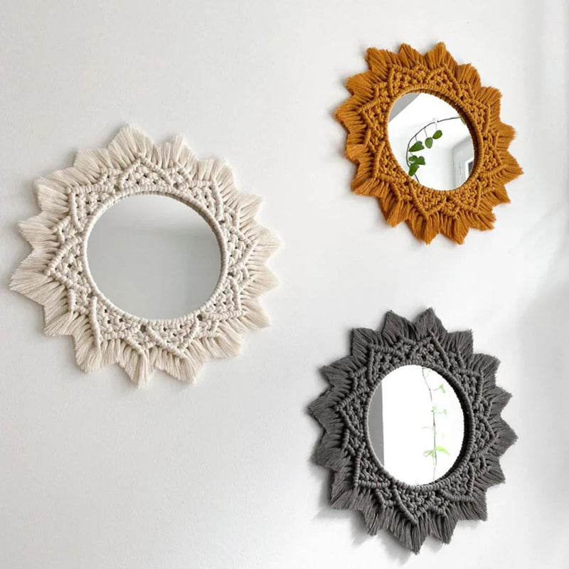 miroir rond en macramé style bohème pour décoration murale