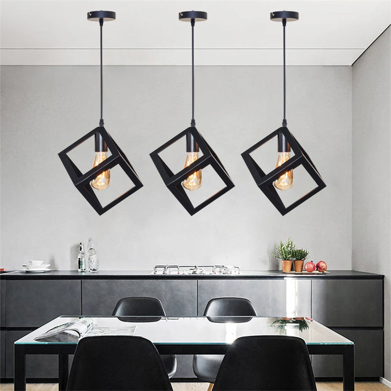 Black Geometric Pendant Lighting Modern Square Hanging Light Ceiling Fixture for Kitchen Island, Foyer, Hallway, Bedroom E27