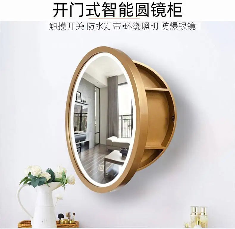 miroir rond lumineux avec cadre en bois tactile