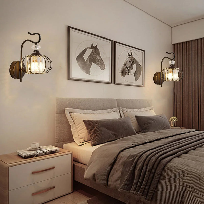 Glass wall lamp, iron art bedside lamp, simple accessories of living room, bedroom and dining room, E27 lamp