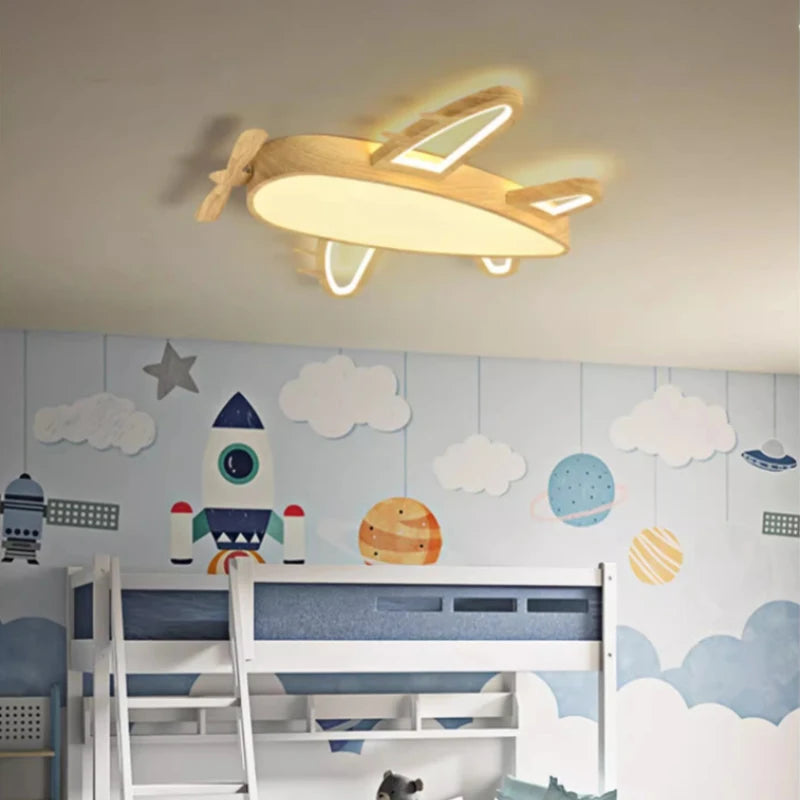 plafonnier avion en bois et fer pour chambre d'enfant