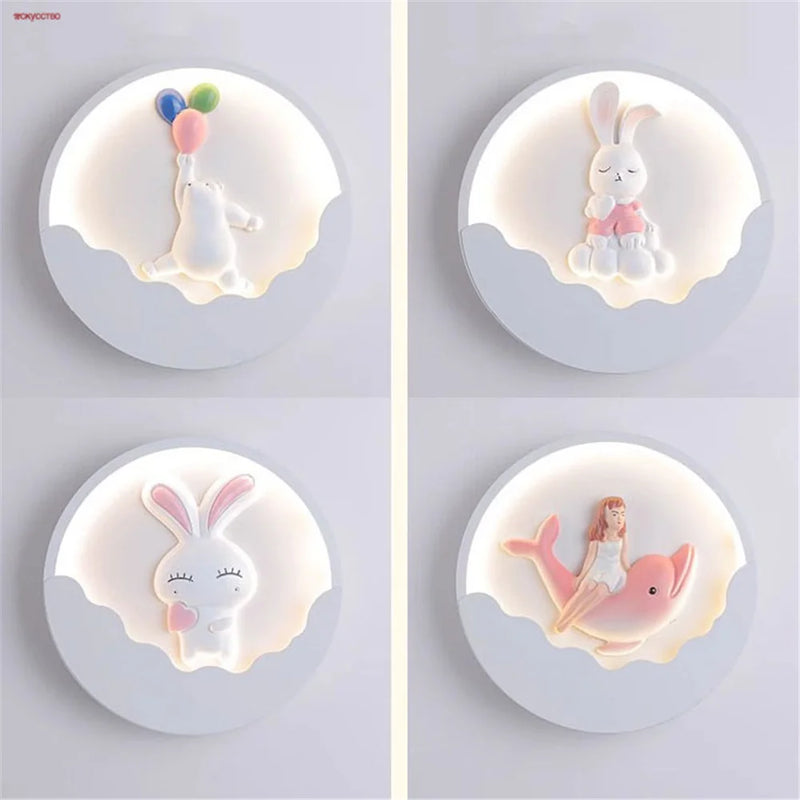 applique murale ronde led ours et lapin pour enfants