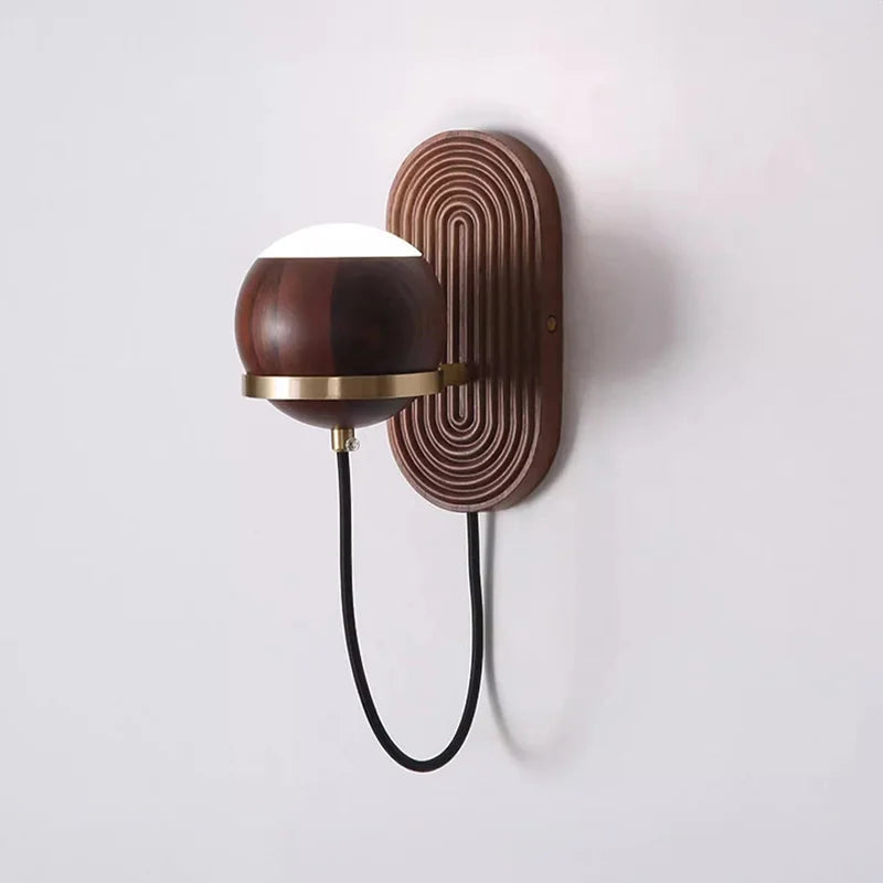 Walnut Wood Circular Sphere, Wabi-sabi minimalist Modern style, Wall Sconce light for Bedroom, Bedside, Living, Dining Room