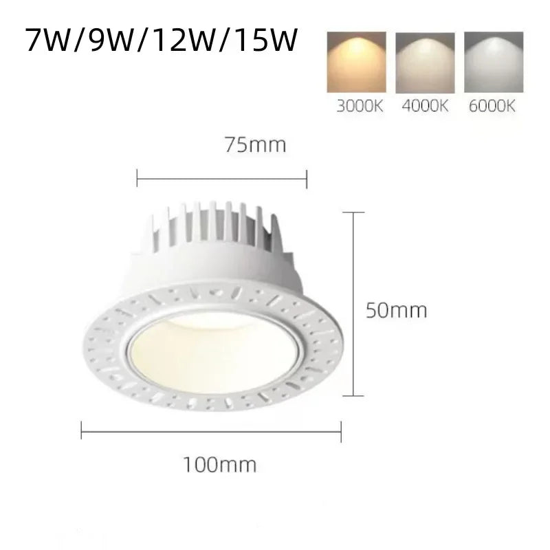 Borderless Embedded Anti Glare COB Downlight 7W 9W 12W 15W Dimmable 85-265V Spotlight Ceiling Lamp, Suitable For Hotel And villa